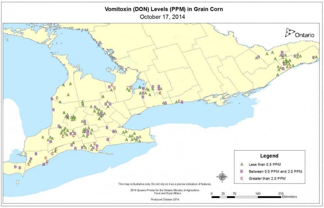 Vomitoxin (DON) Levels (PPM) in Grain Corn map - October 17, 2014
